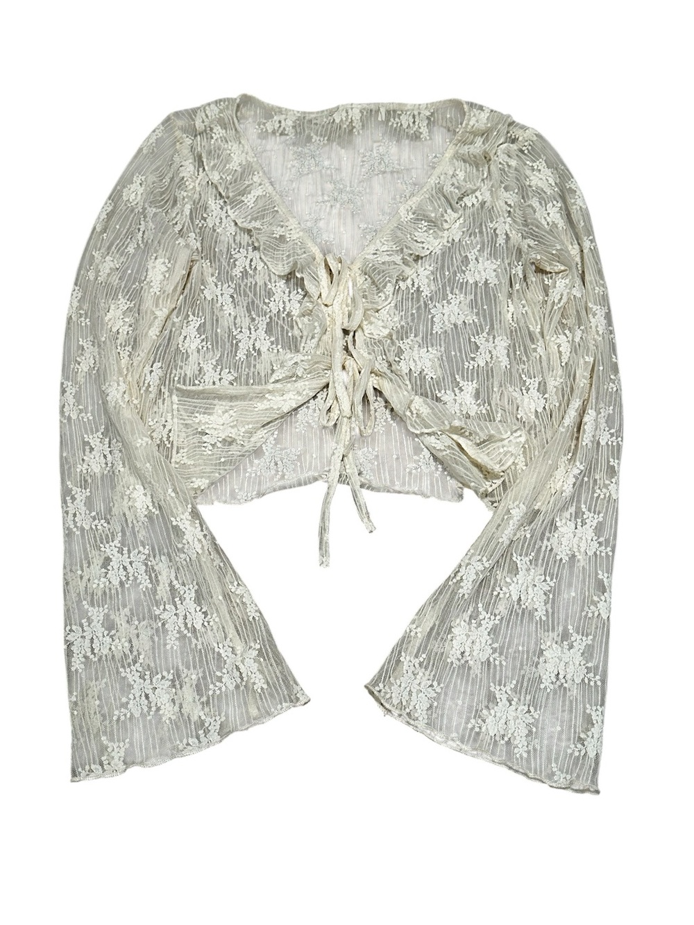Women’s Ivory Lace Ruffle Blouse Flare Sleeve Tie Front Festival Feminine
